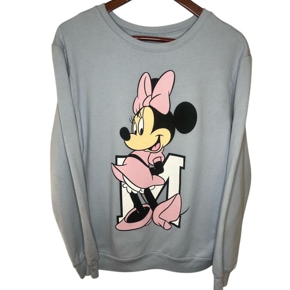 Disney Minnie Mouse Graphic Sweatshirt Light Blue Crewneck Fleece Large